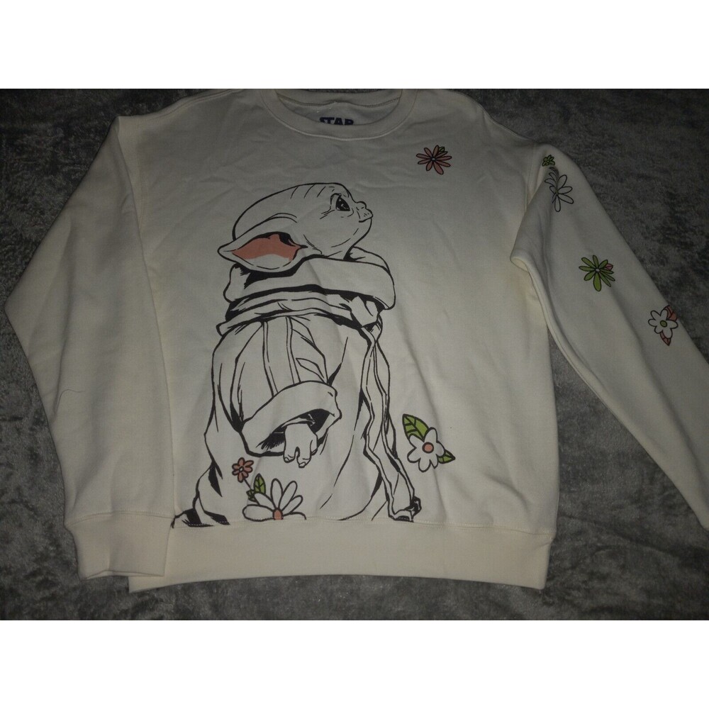 Star Wars Baby Yoda Flowers Womens Medium Sweatshirt Cream